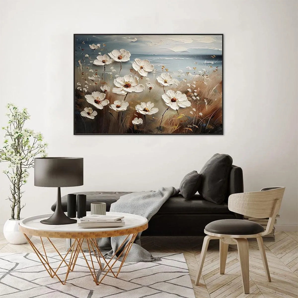 SEASIDE BLOSSOMS: Textured Floral Painting, Impasto Wall Art, Horizontal Canvas, Coastal Decor