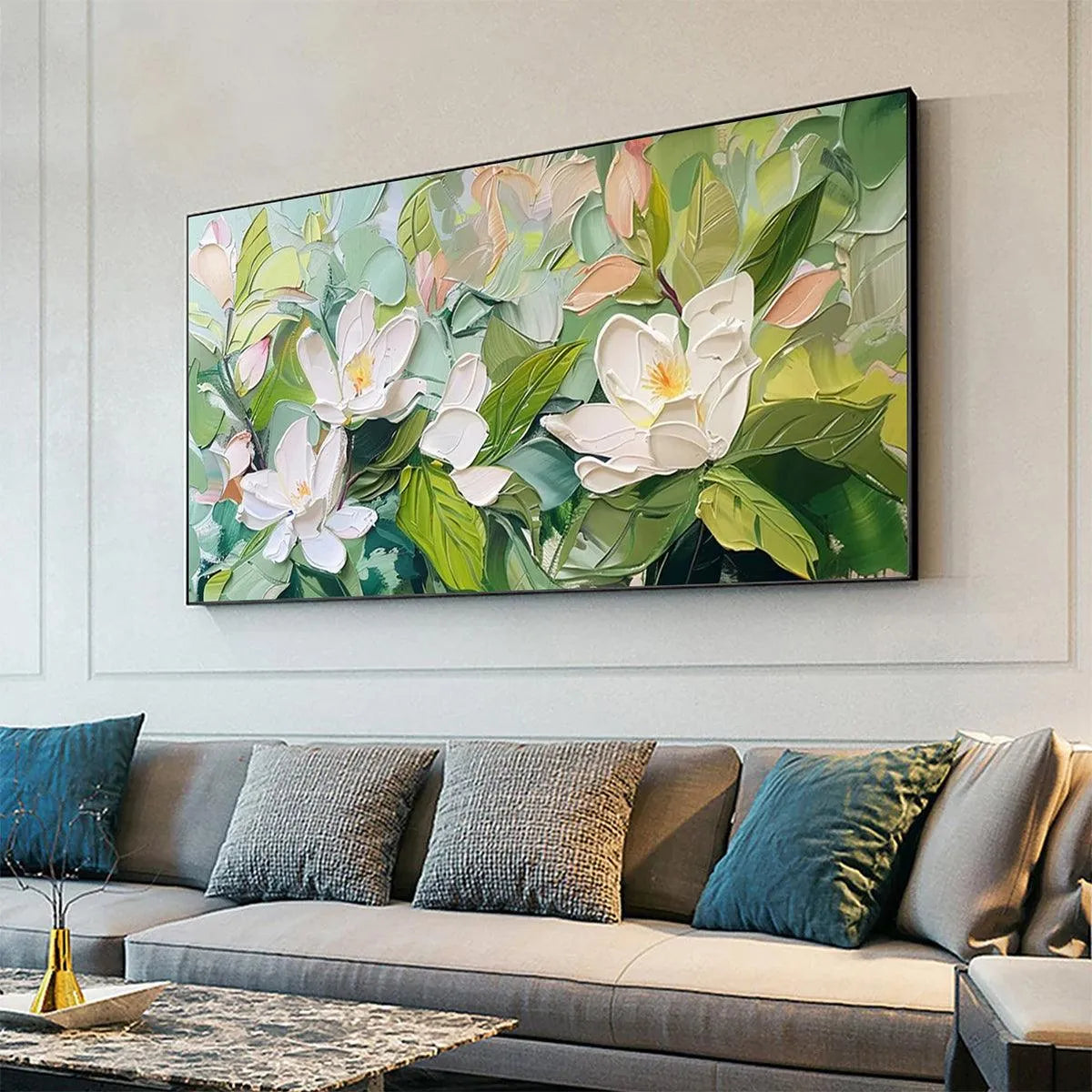 MAGNOLIA BLOSSOMS: Textured Floral Painting, Impasto Wall Art, Horizontal Canvas, Magnolia Decor