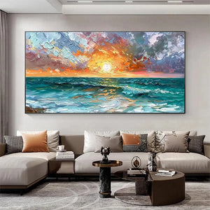 Textured impasto ocean sunset seascape above sectional sofa in modern living room.