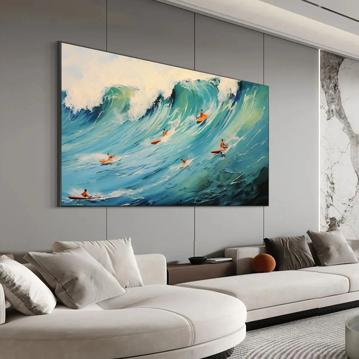 EPIC RIDE: Panoramic Ocean Painting of Surfers on a Majestic Wave