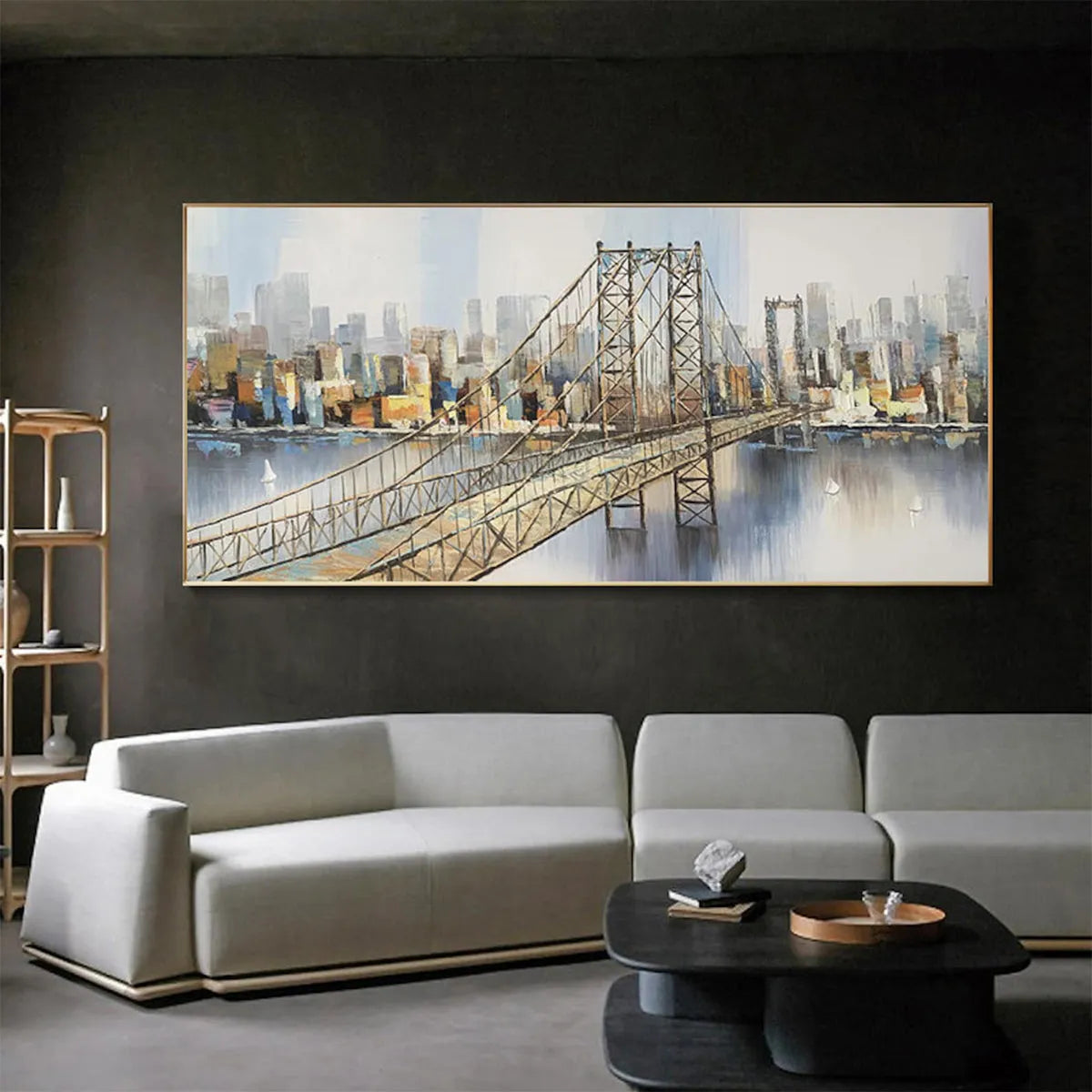 URBAN CONNECTIVITY: Panoramic Cityscape Oil Painting with Bridge