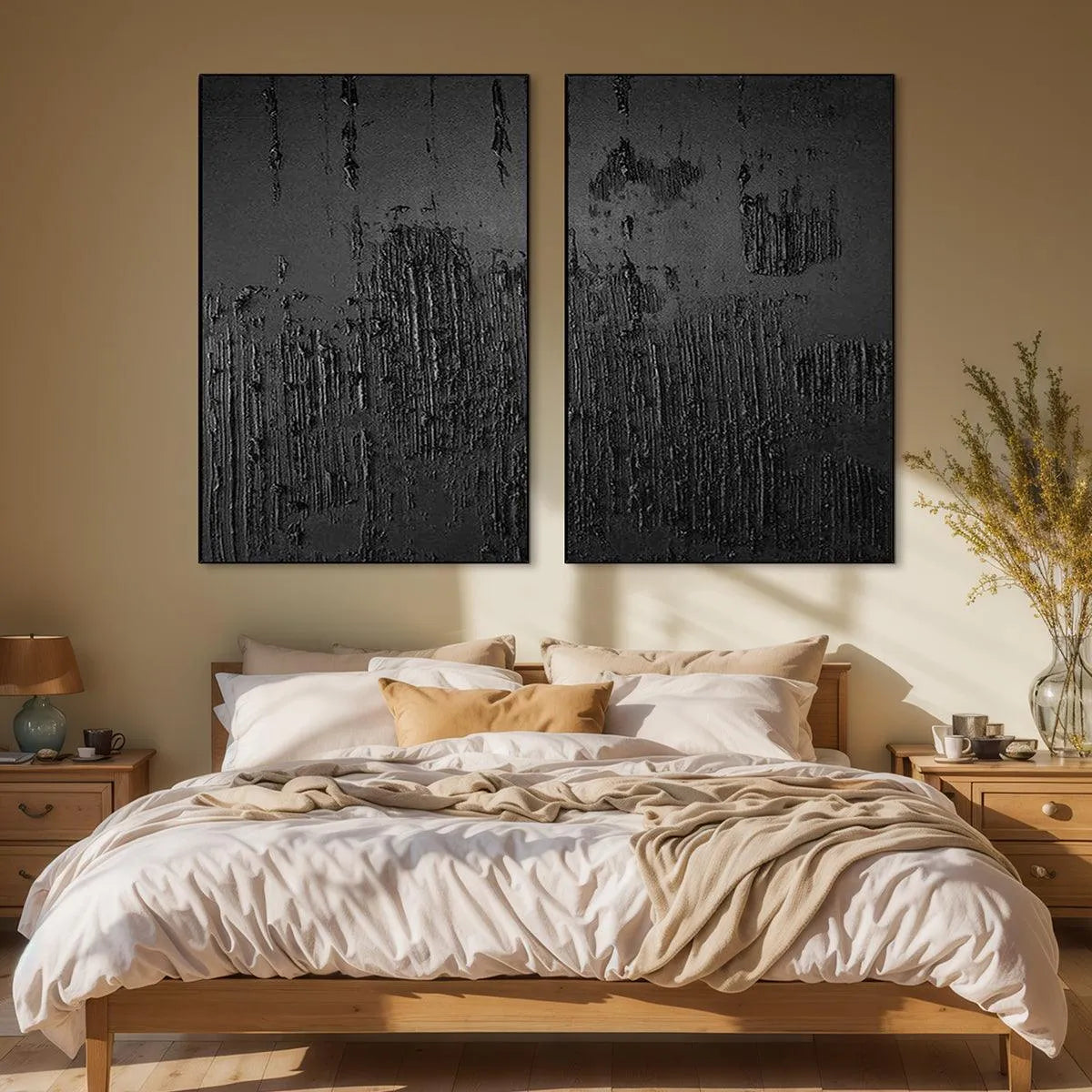 BLACK TEXTURED DIPTYCH: Textured Abstract Painting Set of 2, Vertical Wall Art