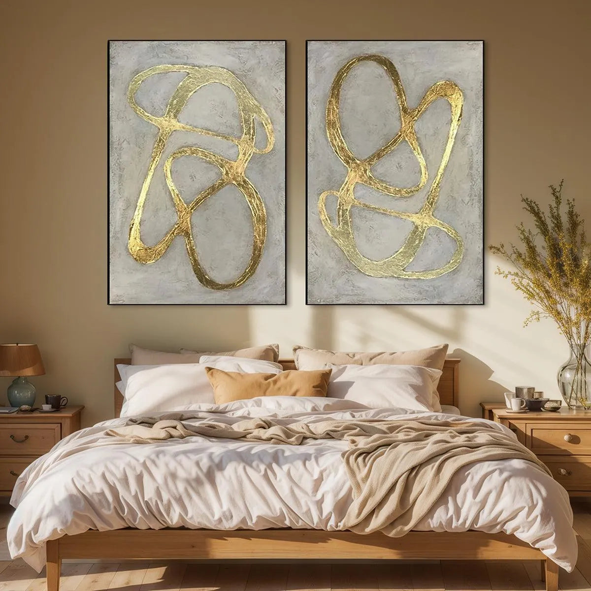 GOLDEN ABSTRACT DIPTYCH: Abstract Painting Set of 2, Vertical Wall Art