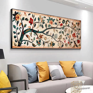 Panoramic botanical tapestry with flowering branch, red and yellow flowers on cream background, displayed in modern living room.