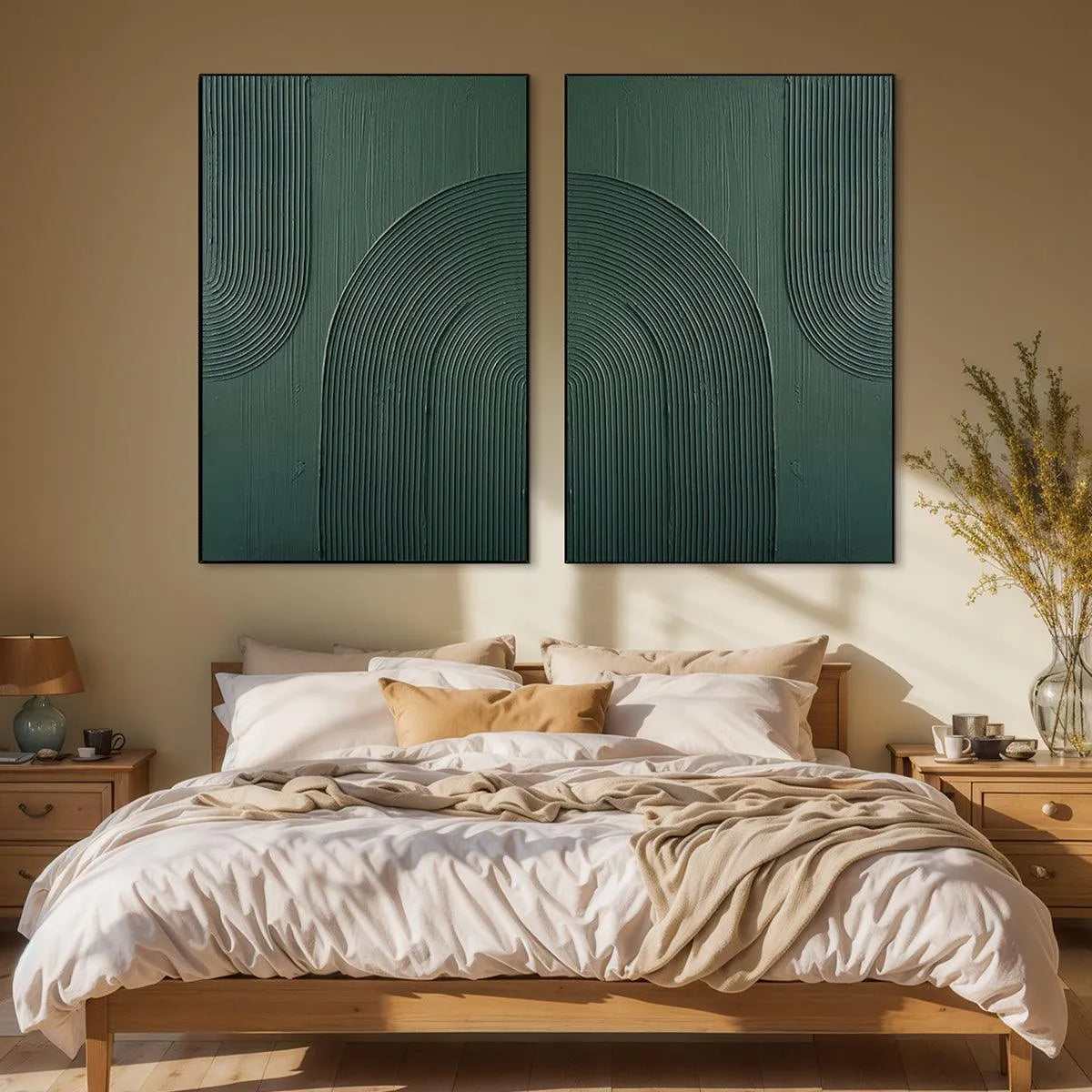 GREEN TEXTURED ARCHES DIPTYCH: Textured Abstract Painting Set of 2, Square Wall Art