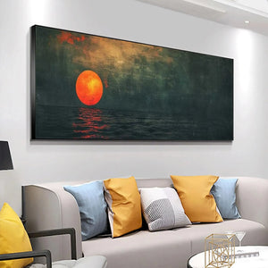 Panoramic wall art: Blood Moon painting over textured ocean at sunset, displayed in a living room.