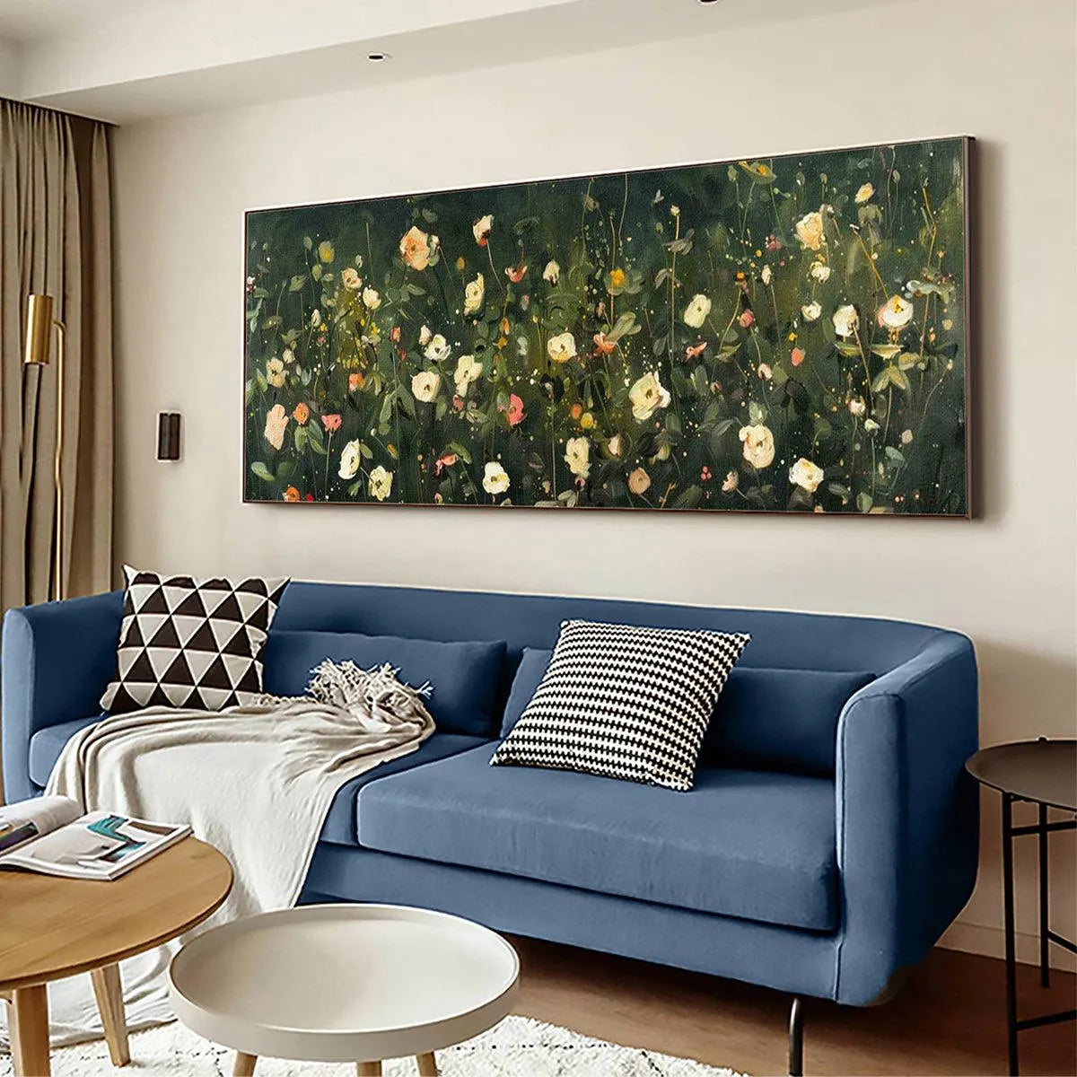 WHISPERING MEADOW PANORAMIC: Wildflower Painting, Panoramic Wall Art, Dark Floral Decor