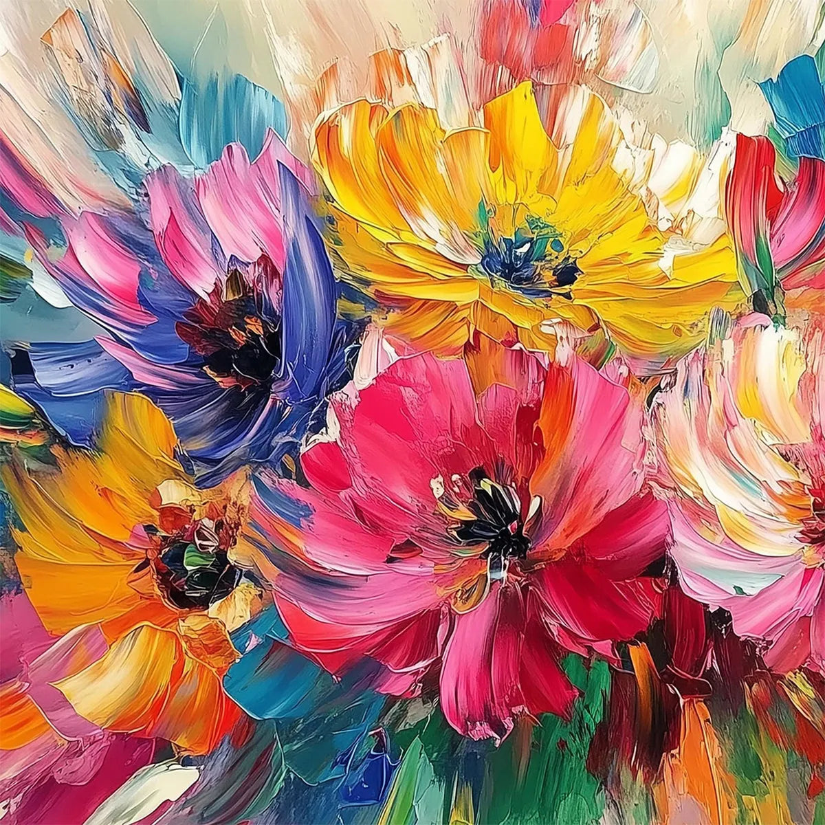 VIBRANT BLOOM: Impasto Floral Oil Painting in Vibrant Multicolor