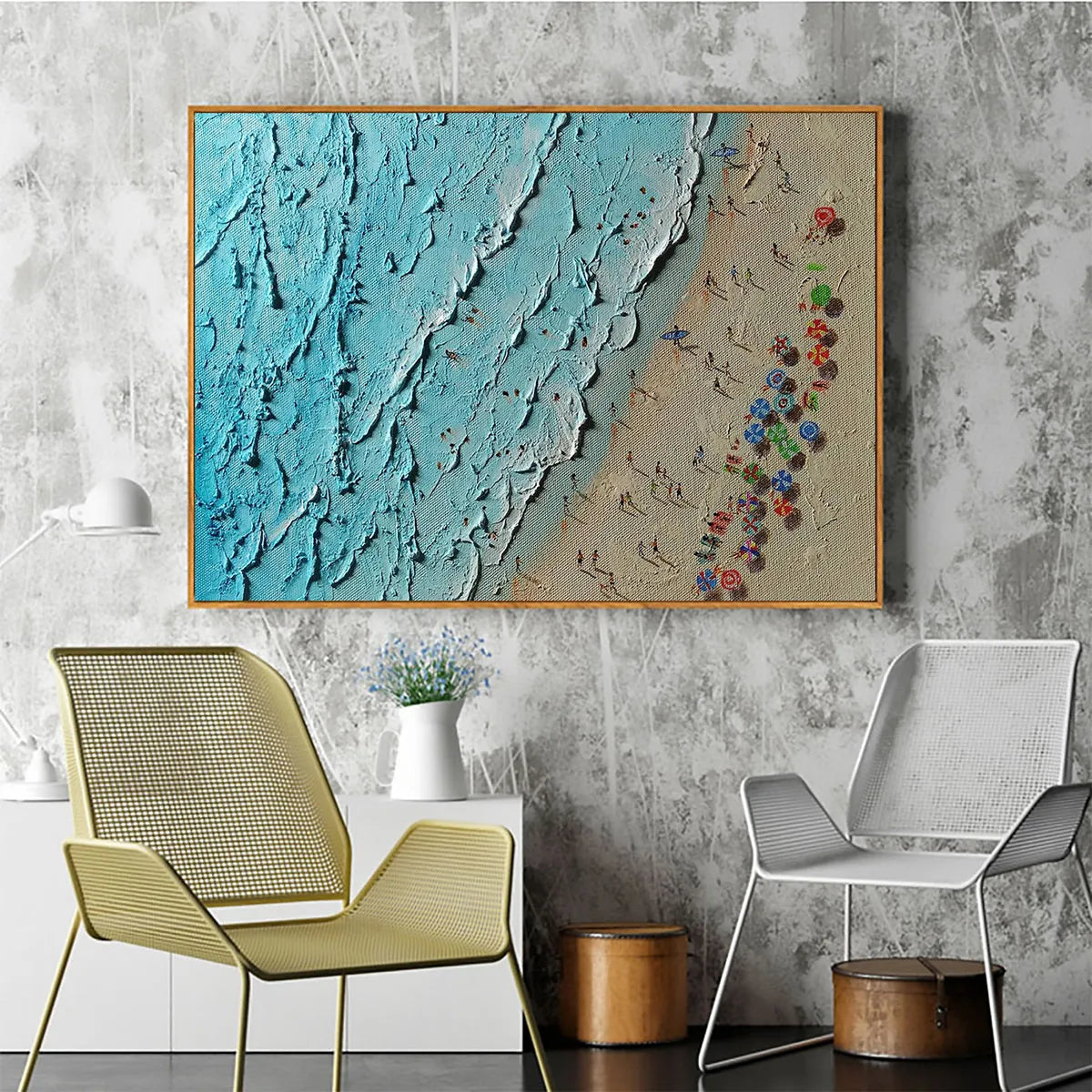 AERIAL VISTA: Impasto Beach Scene Oil Painting