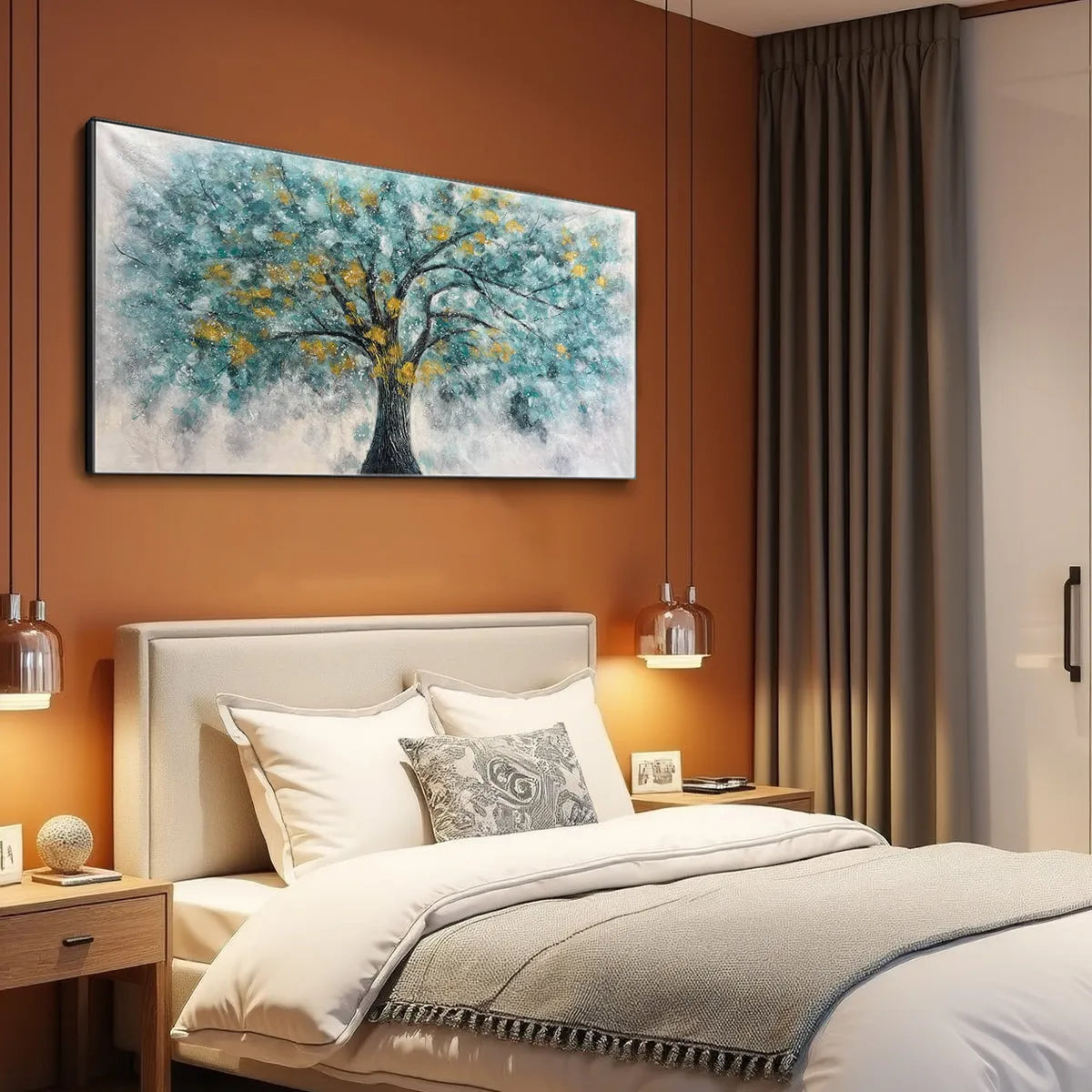 GOLDEN AUTUMN: Panoramic Tree Painting, Textured Wall Art, Blue, Gold, Living Room, Bedroom, Office