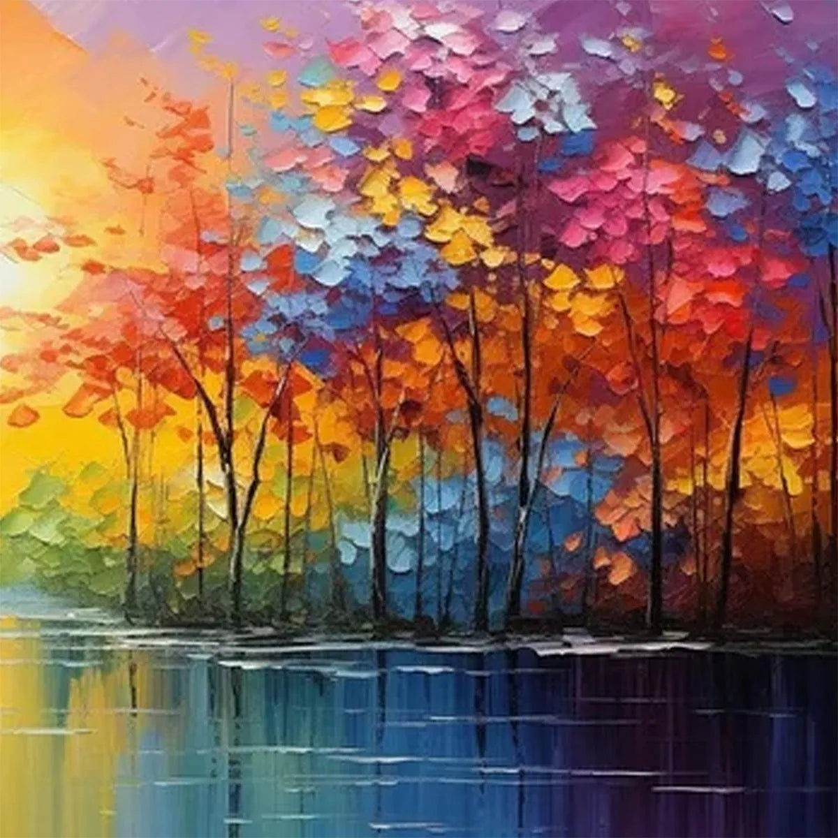 TWILIGHT REFLECTIONS: Colorful Landscape Painting of Trees by the Water