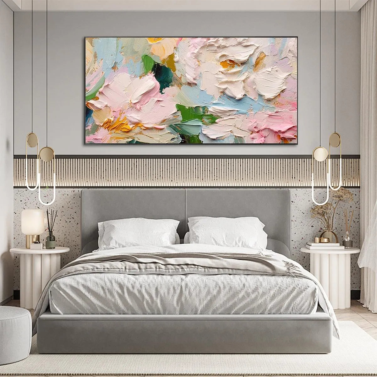 SPRING BOUQUET: Textured Floral Painting, Pastel Wall Art, Panoramic Canvas, Impasto Decor