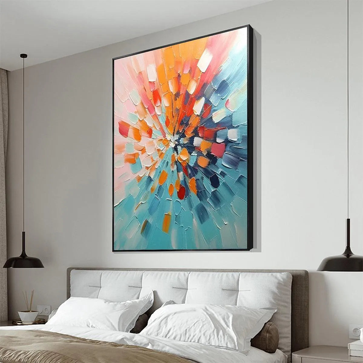 RADIANT BURST: Textured Abstract Impasto Painting, Vertical Wall Art