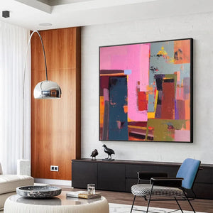 Pink and Green Urban Abstract square art with bold blocks of pink, blue, and earthy tones, textured impasto style.