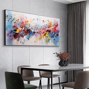 Melody in Color abstract painting with musical notes, vibrant impasto, styled in a modern dining room.