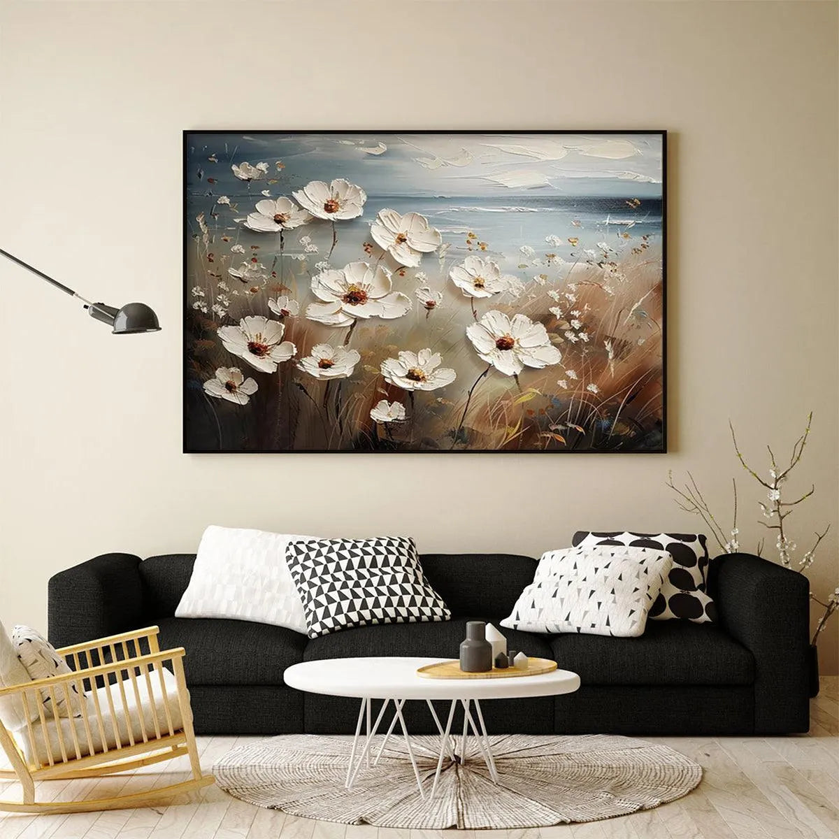 SEASIDE BLOSSOMS: Textured Floral Painting, Impasto Wall Art, Horizontal Canvas, Coastal Decor