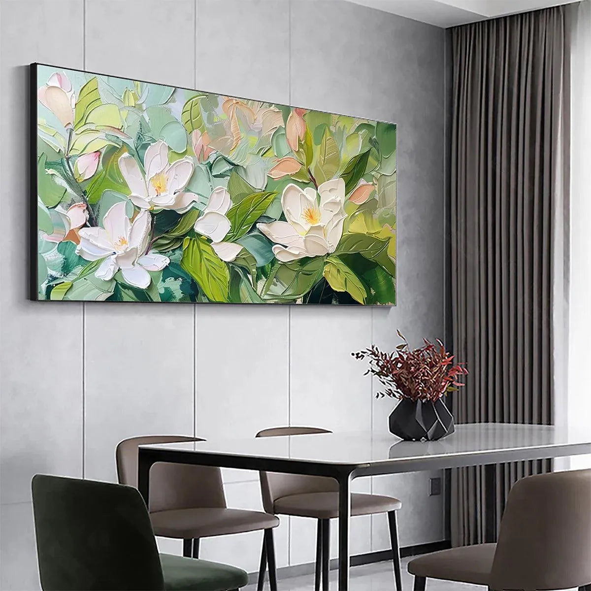 MAGNOLIA BLOSSOMS: Textured Floral Painting, Impasto Wall Art, Horizontal Canvas, Magnolia Decor