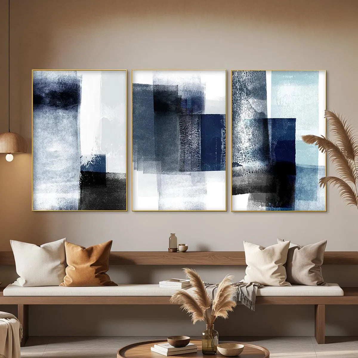 BLUE ABSTRACT TRIPTYCH: Abstract Painting Set of 3, Vertical Wall Art