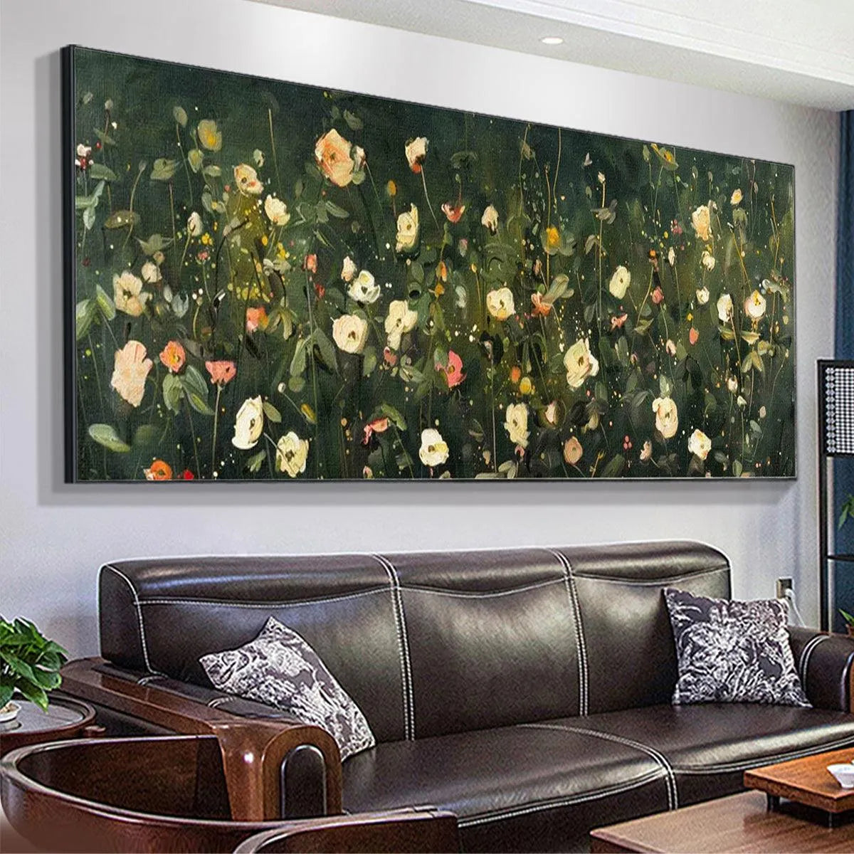 WHISPERING MEADOW PANORAMIC: Wildflower Painting, Panoramic Wall Art, Dark Floral Decor