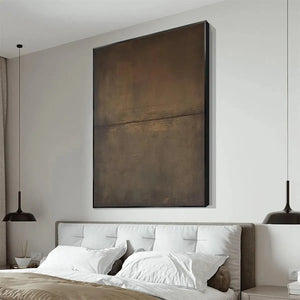 Liam O'Connell Umber Abstract Landscape painting, earthy tones in black frame, minimalist bedroom art