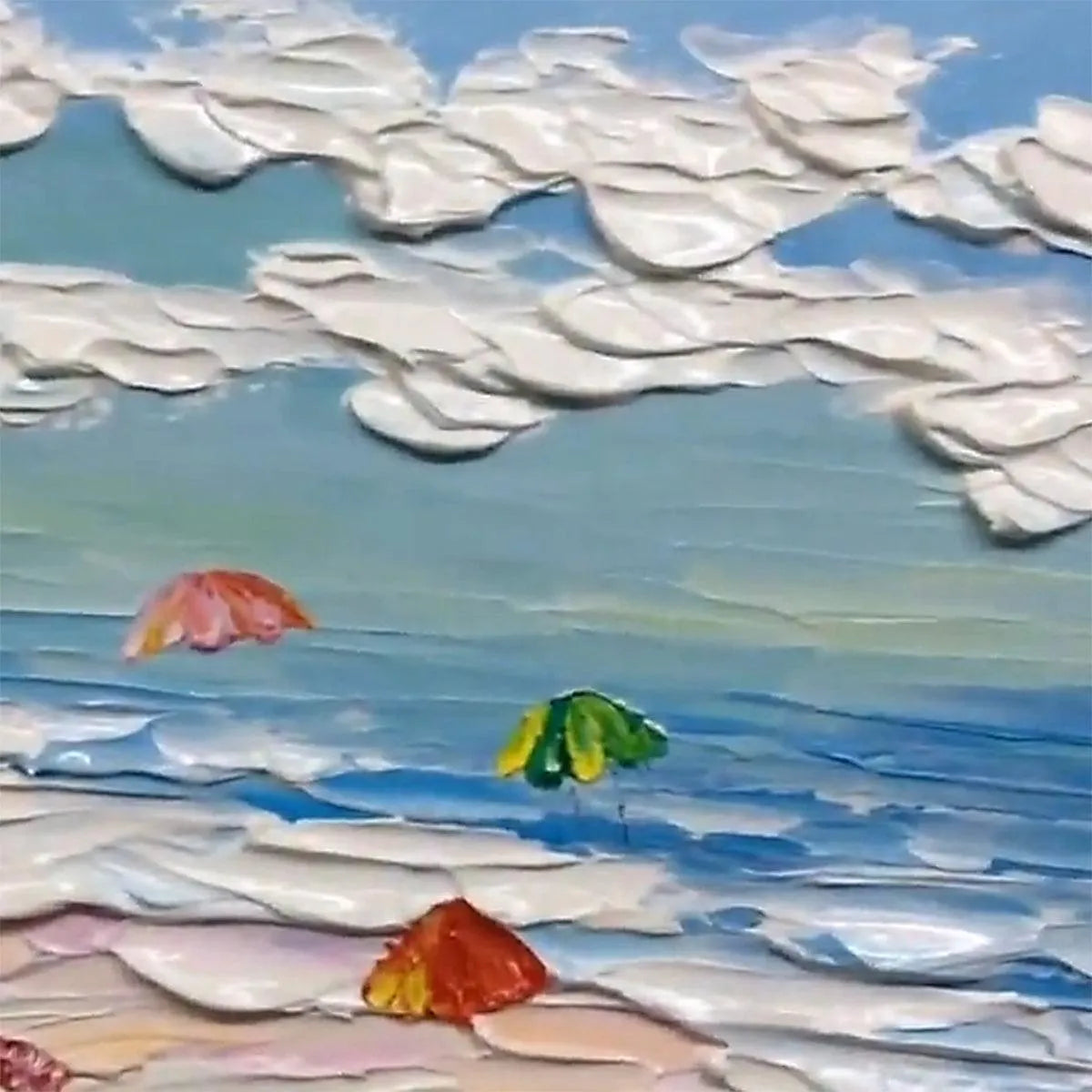 SEASIDE CELEBRATION: Textured Impasto Beach Painting with Colorful Umbrellas