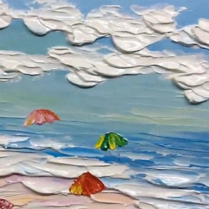 Seaside Celebration painting by Liam O'Connell, beach scene with colorful umbrellas, textured impasto artwork.