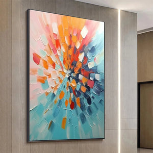 Radiant Burst abstract impasto painting with textured palette knife strokes in orange, red, and turquoise radiating from center.
