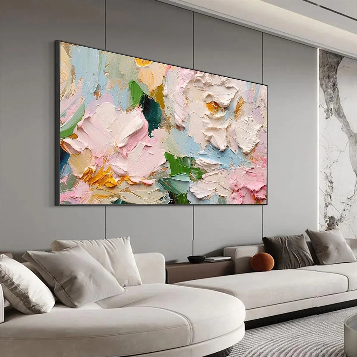 SPRING BOUQUET: Textured Floral Painting, Pastel Wall Art, Panoramic Canvas, Impasto Decor