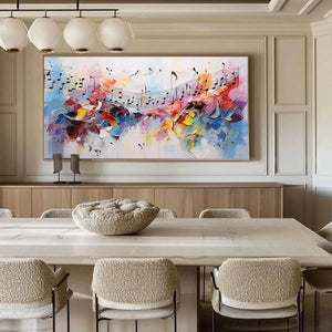 "Melody in Color" abstract musical art with swirling notes and vivid colors, displayed over a dining credenza.