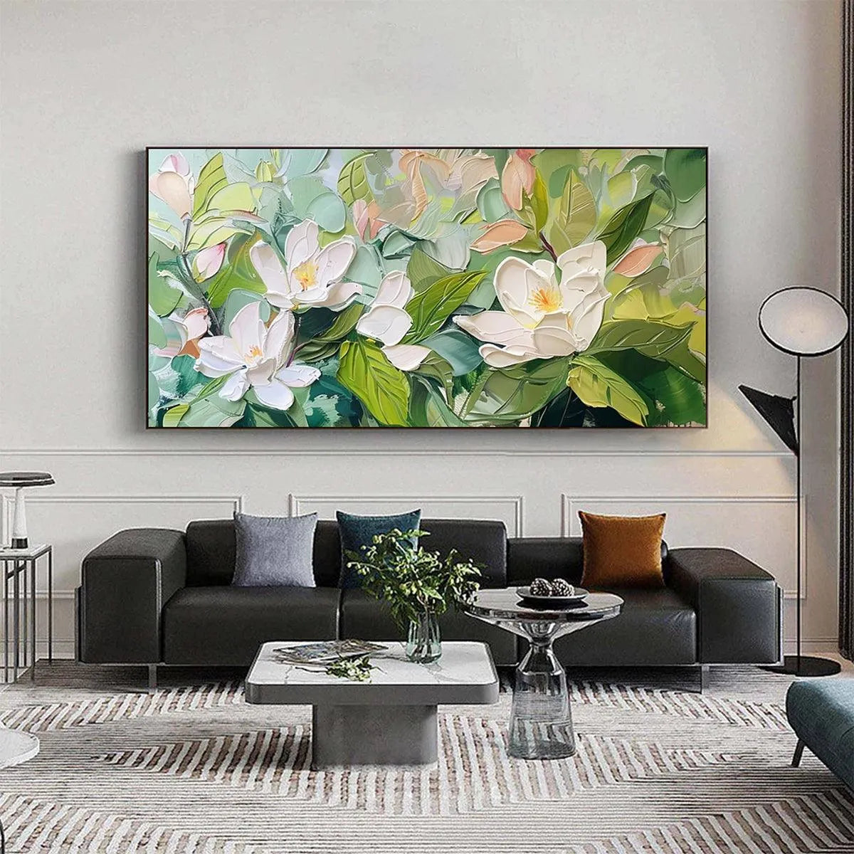 MAGNOLIA BLOSSOMS: Textured Floral Painting, Impasto Wall Art, Horizontal Canvas, Magnolia Decor