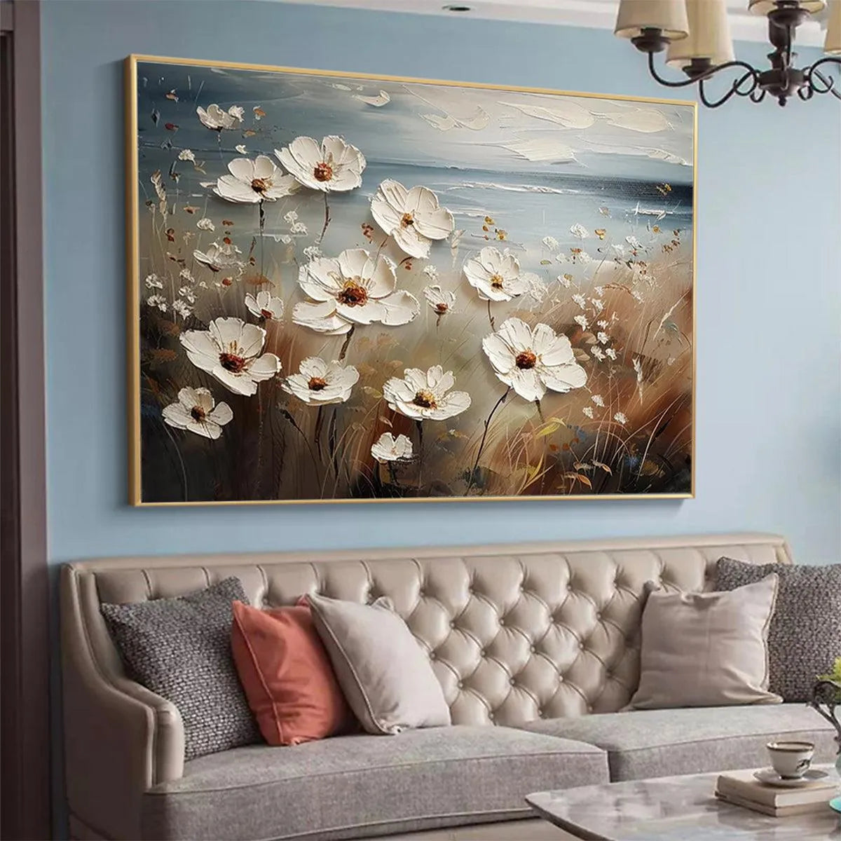 SEASIDE BLOSSOMS: Textured Floral Painting, Impasto Wall Art, Horizontal Canvas, Coastal Decor