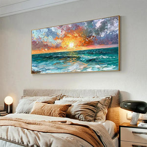 Textured impasto Ocean Sunset seascape painting, vibrant orange sky, turquoise waves, gold frame, modern bedroom.