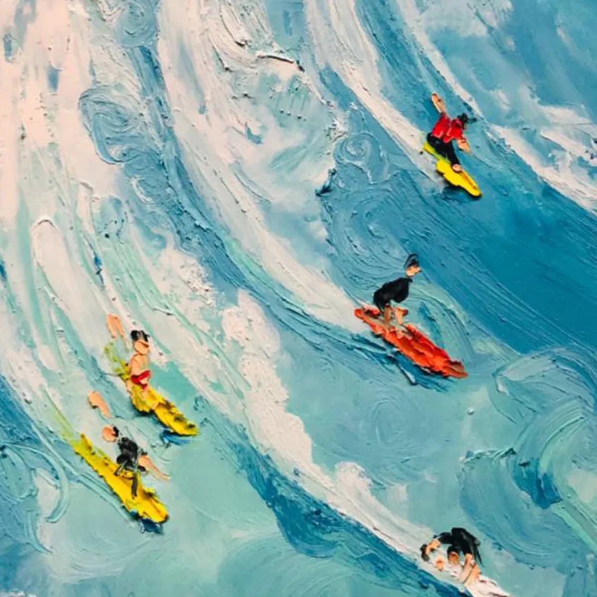 CATCHING THE WAVE: Vertical Ocean Painting of Surfers Riding a Wave