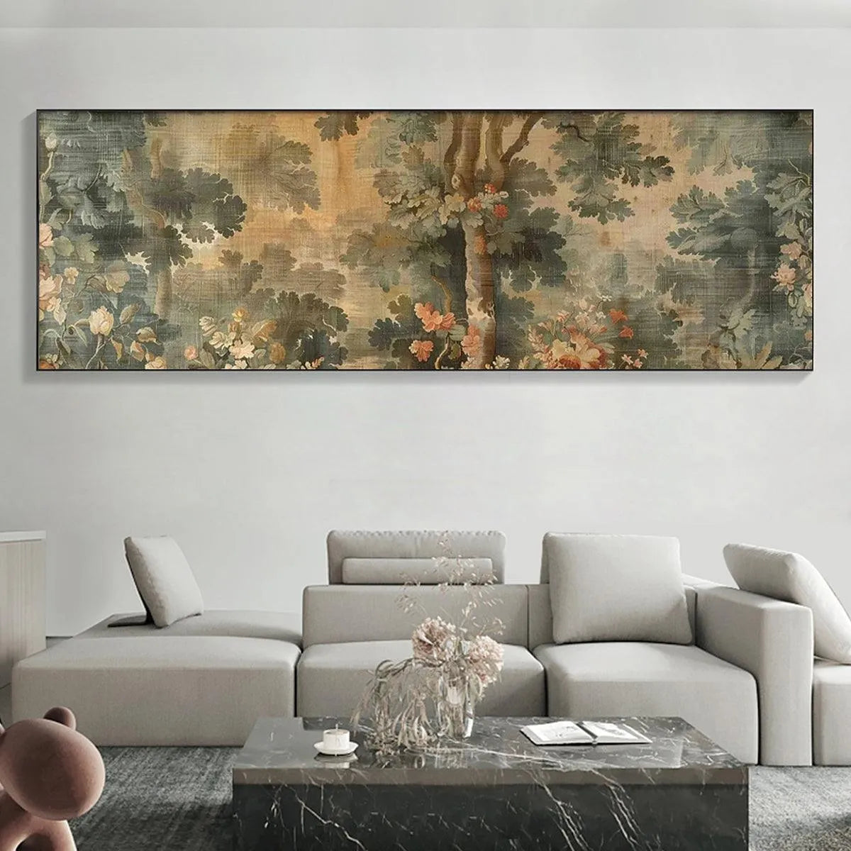 ANTIQUE FOREST TAPESTRY PANORAMIC: Forest Tapestry Painting, Panoramic Wall Art