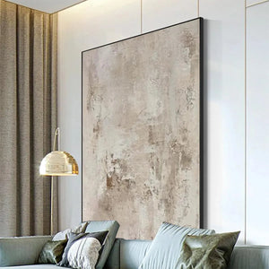 Textured Beige Abstract painting by Javier Ramirez, a minimalist artwork with black frame, modern decor.