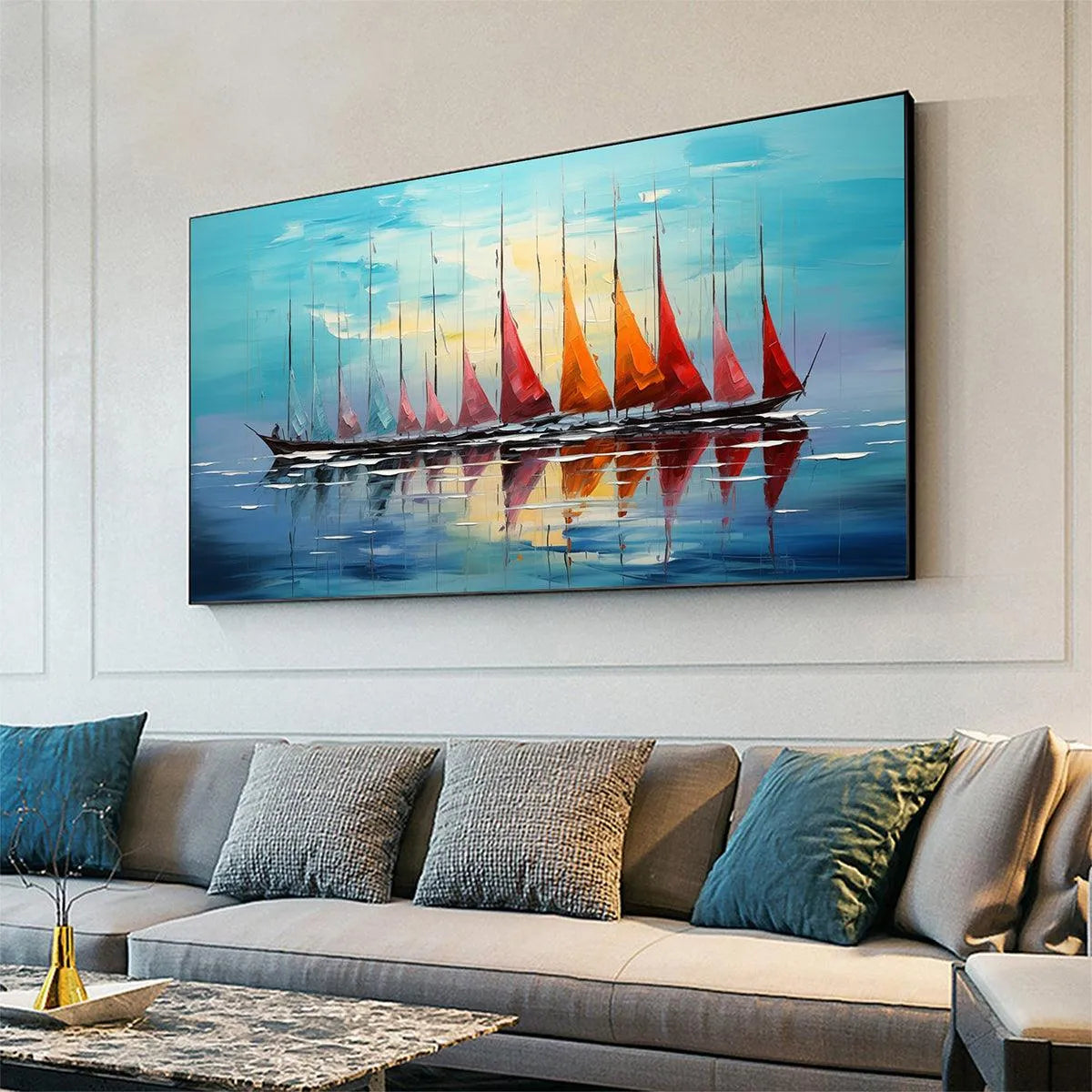 SAILING INTO SUNSET: Panoramic Sailboat Painting