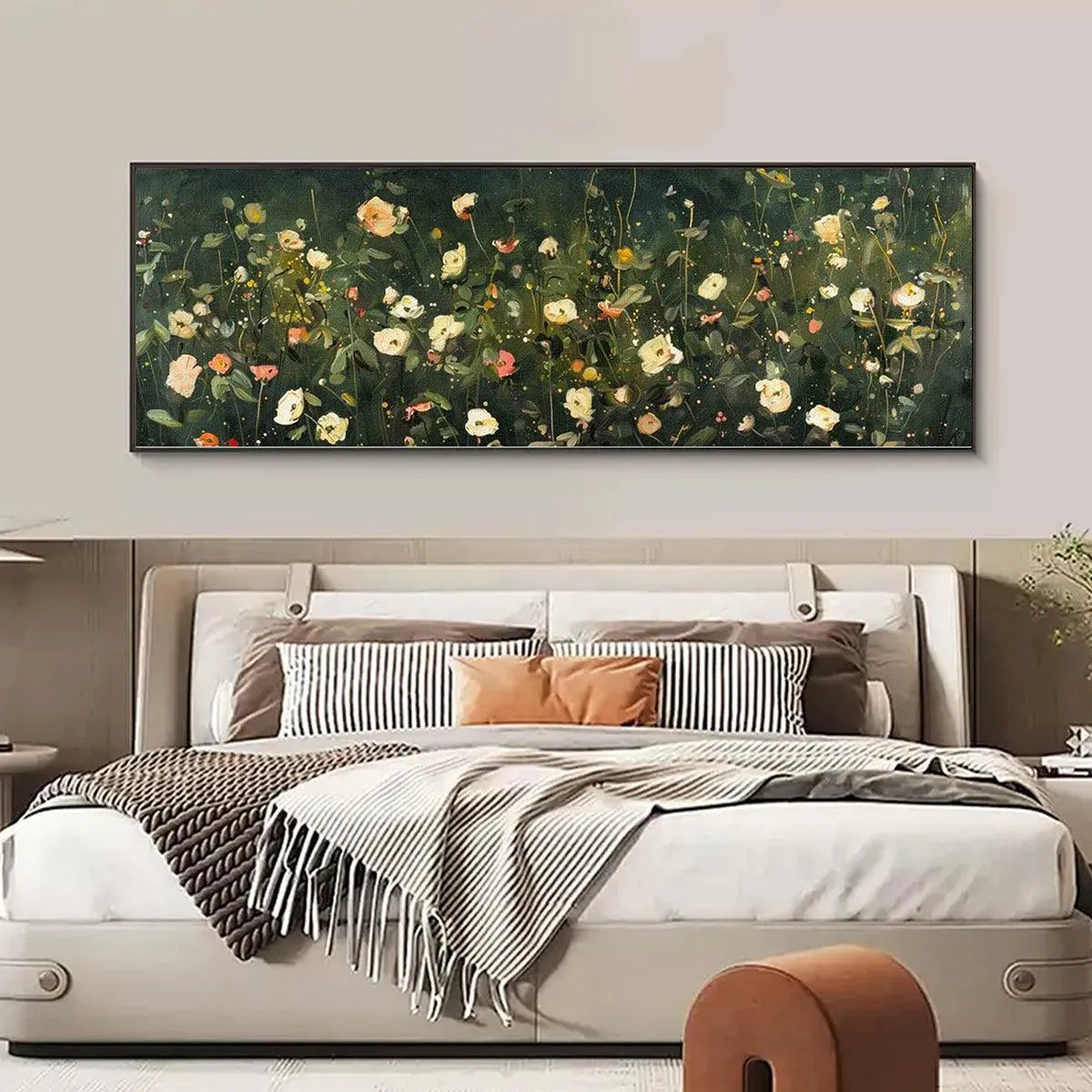 WHISPERING MEADOW PANORAMIC: Wildflower Painting, Panoramic Wall Art, Dark Floral Decor