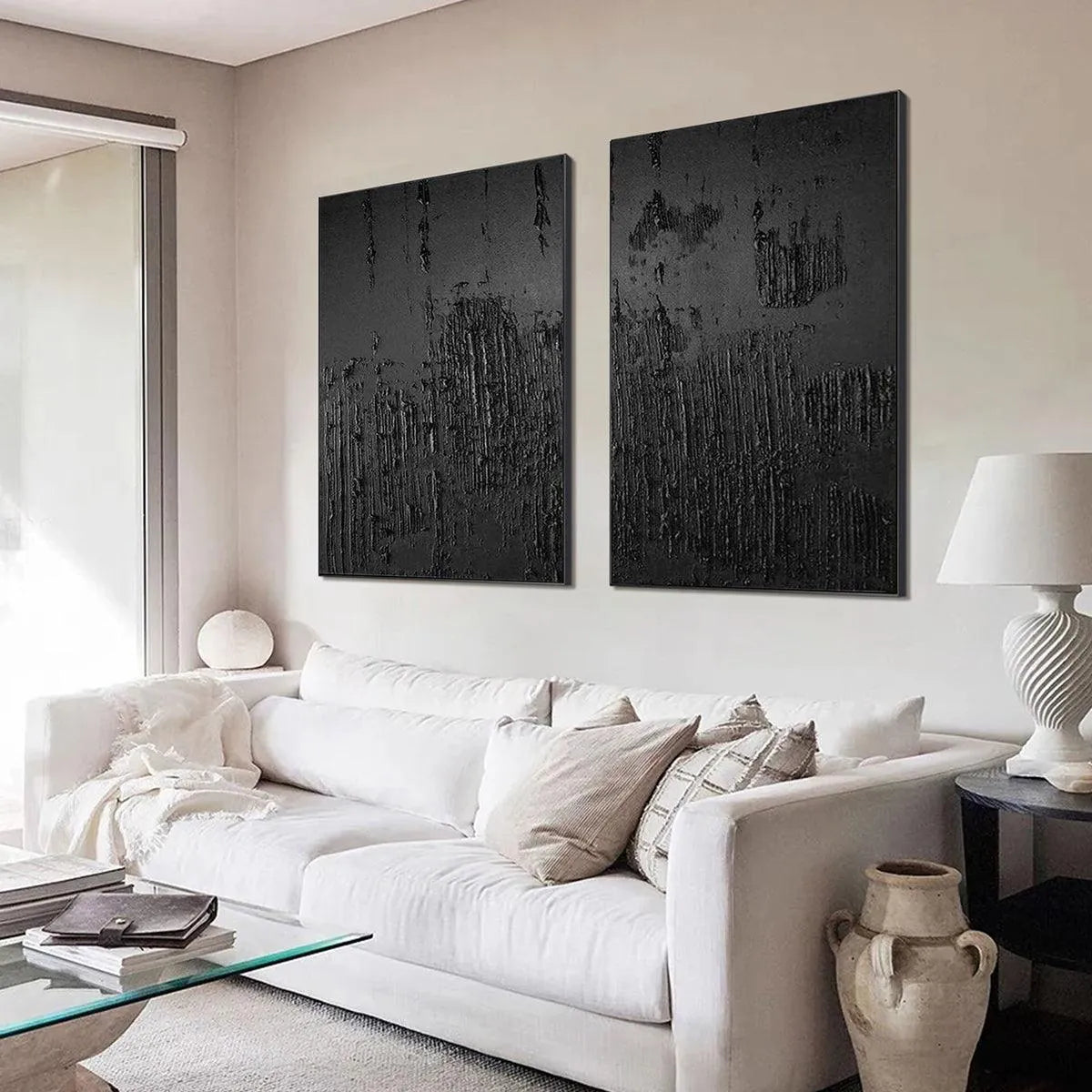 BLACK TEXTURED DIPTYCH: Textured Abstract Painting Set of 2, Vertical Wall Art