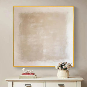 Minimalist "Desert Sands" painting by Javier Ramirez, beige textured artwork with gold frame.