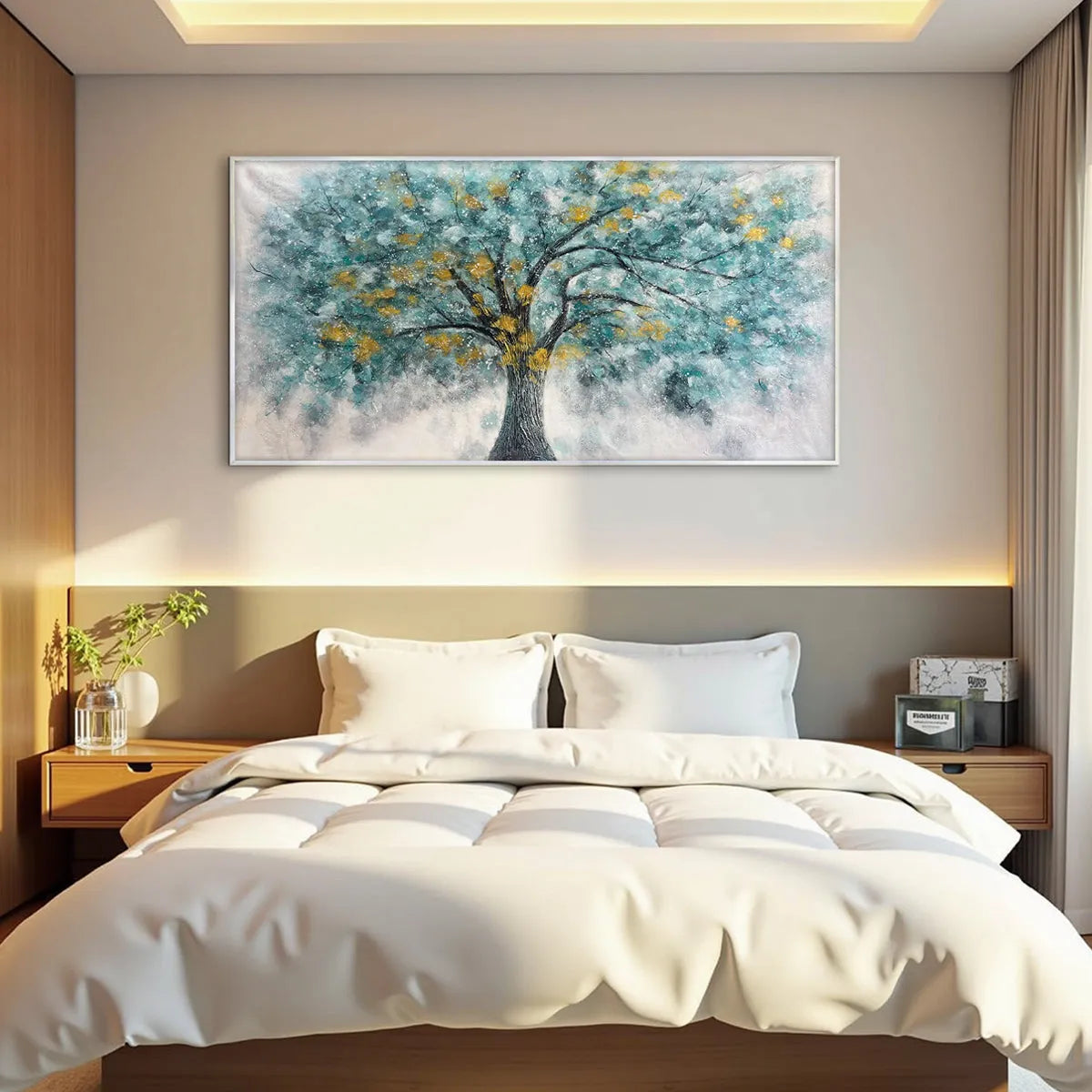 GOLDEN AUTUMN: Panoramic Tree Painting, Textured Wall Art, Blue, Gold, Living Room, Bedroom, Office