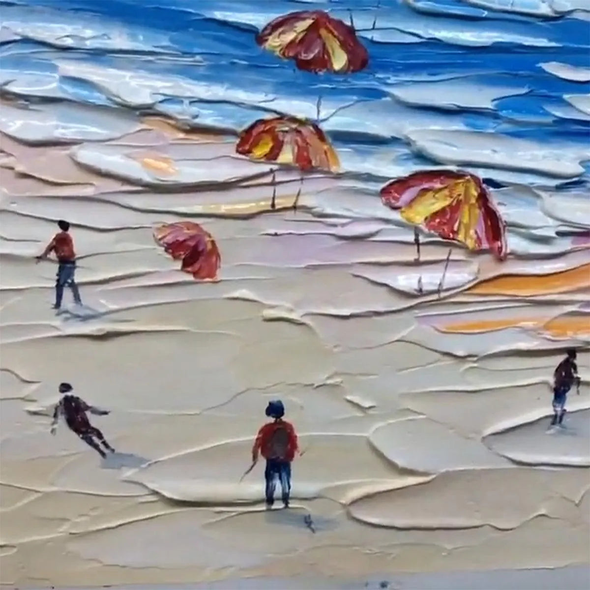 SEASIDE CELEBRATION: Textured Impasto Beach Painting with Colorful Umbrellas