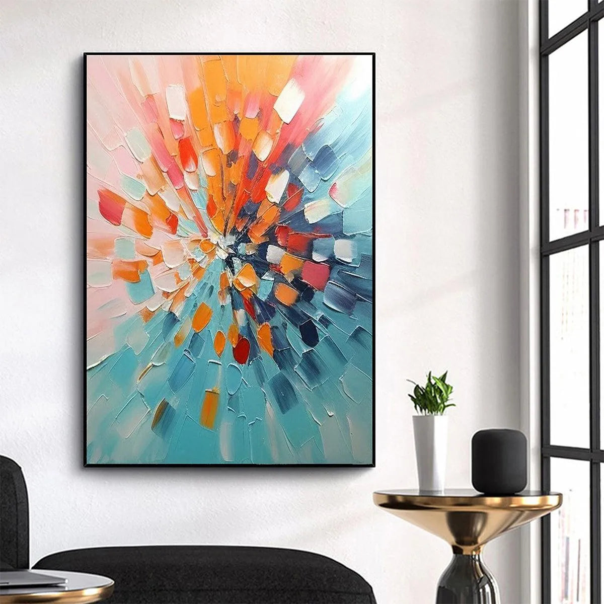 RADIANT BURST: Textured Abstract Impasto Painting, Vertical Wall Art