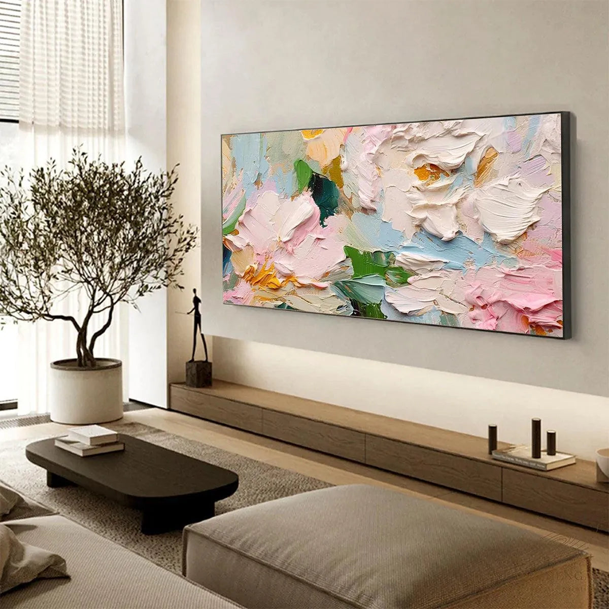 SPRING BOUQUET: Textured Floral Painting, Pastel Wall Art, Panoramic Canvas, Impasto Decor