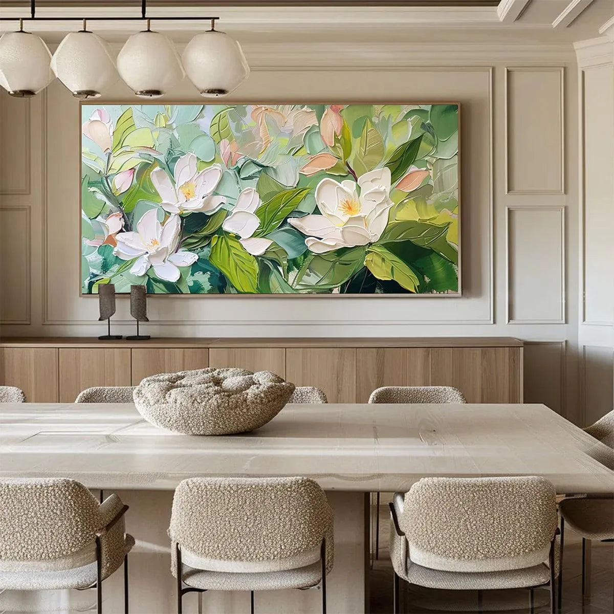 MAGNOLIA BLOSSOMS: Textured Floral Painting, Impasto Wall Art, Horizontal Canvas, Magnolia Decor