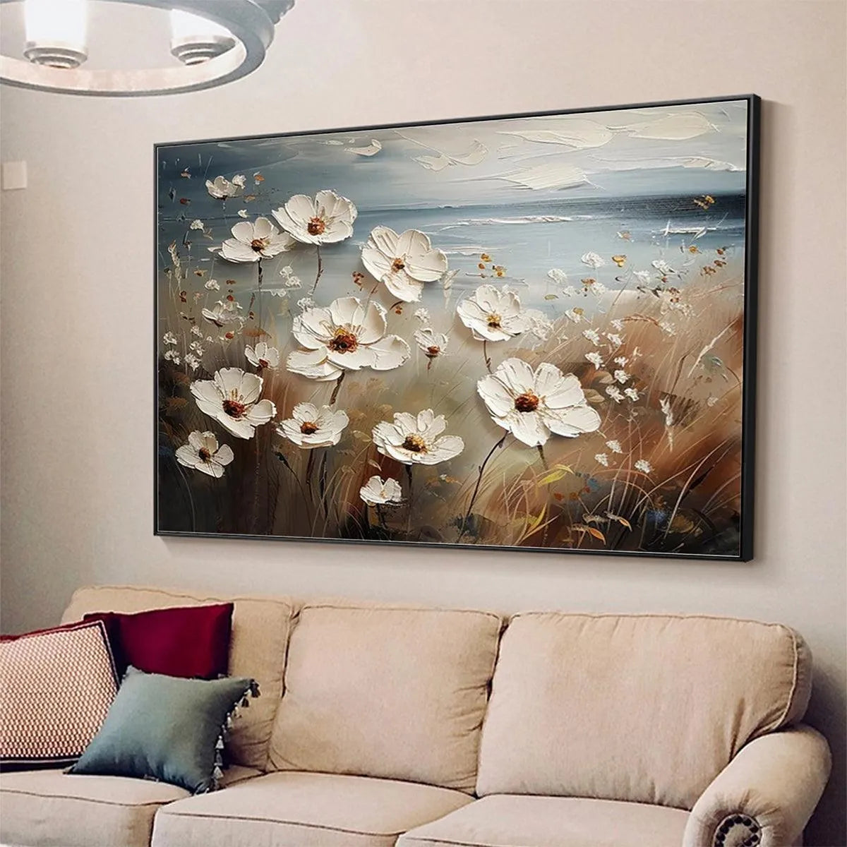 SEASIDE BLOSSOMS: Textured Floral Painting, Impasto Wall Art, Horizontal Canvas, Coastal Decor