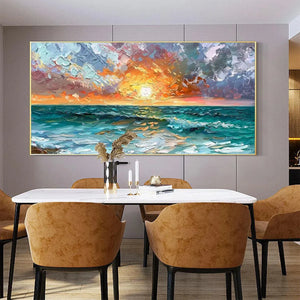 Vibrant textured Impasto Ocean Sunset painting with gold frame, enhancing a modern dining room interior.