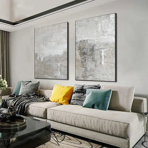 Javier Ramirez Grey Abstract Diptych, modern wall art, set of 2 vertical grey paintings above a sofa