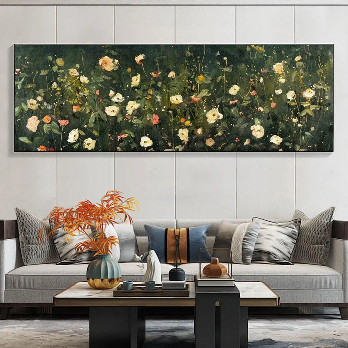 WHISPERING MEADOW PANORAMIC: Wildflower Painting, Panoramic Wall Art, Dark Floral Decor