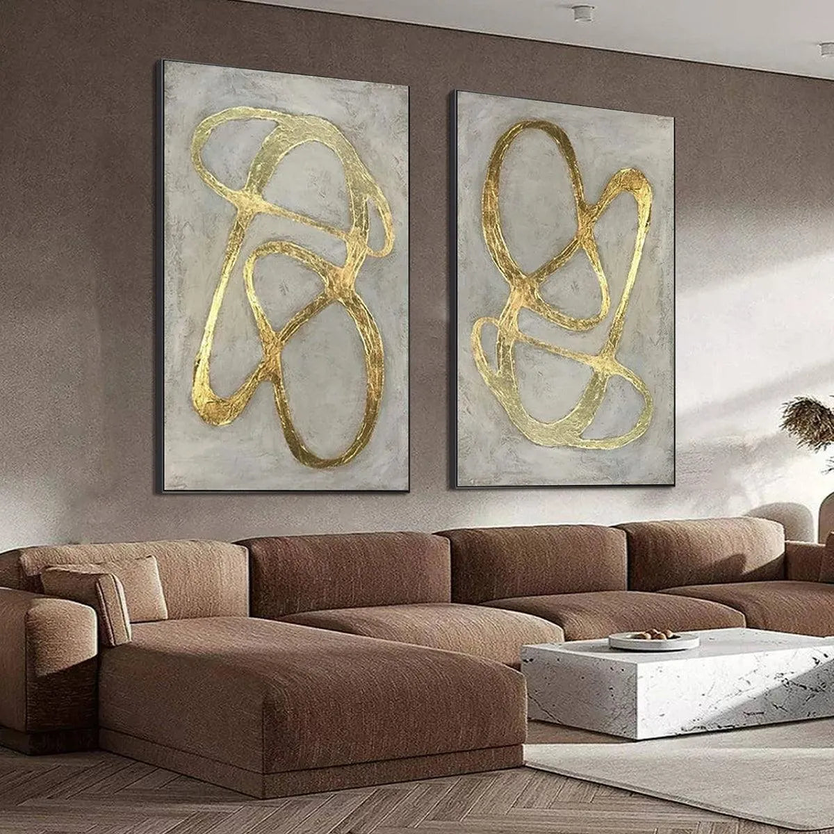 GOLDEN ABSTRACT DIPTYCH: Abstract Painting Set of 2, Vertical Wall Art