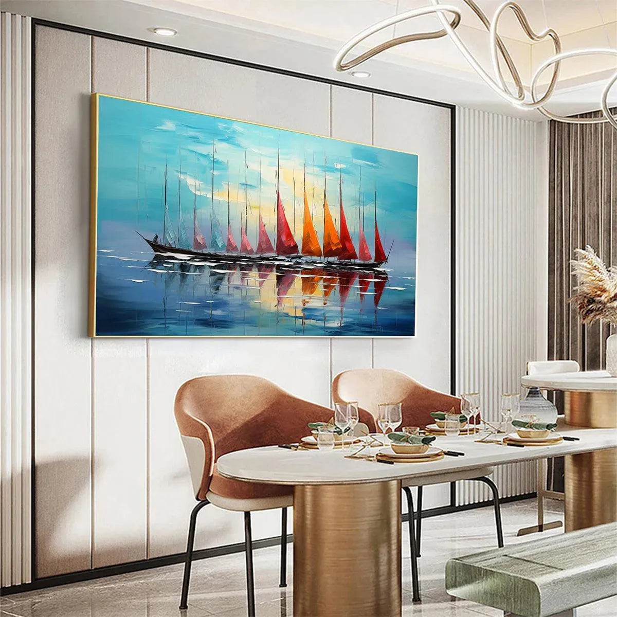 Sailing into Sunset: Panoramic Sailboat Painting | Colorful